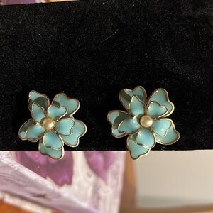 Vintage Cora Earrings enamel and pearls Golstone Clip Ons Periwinkle Blue